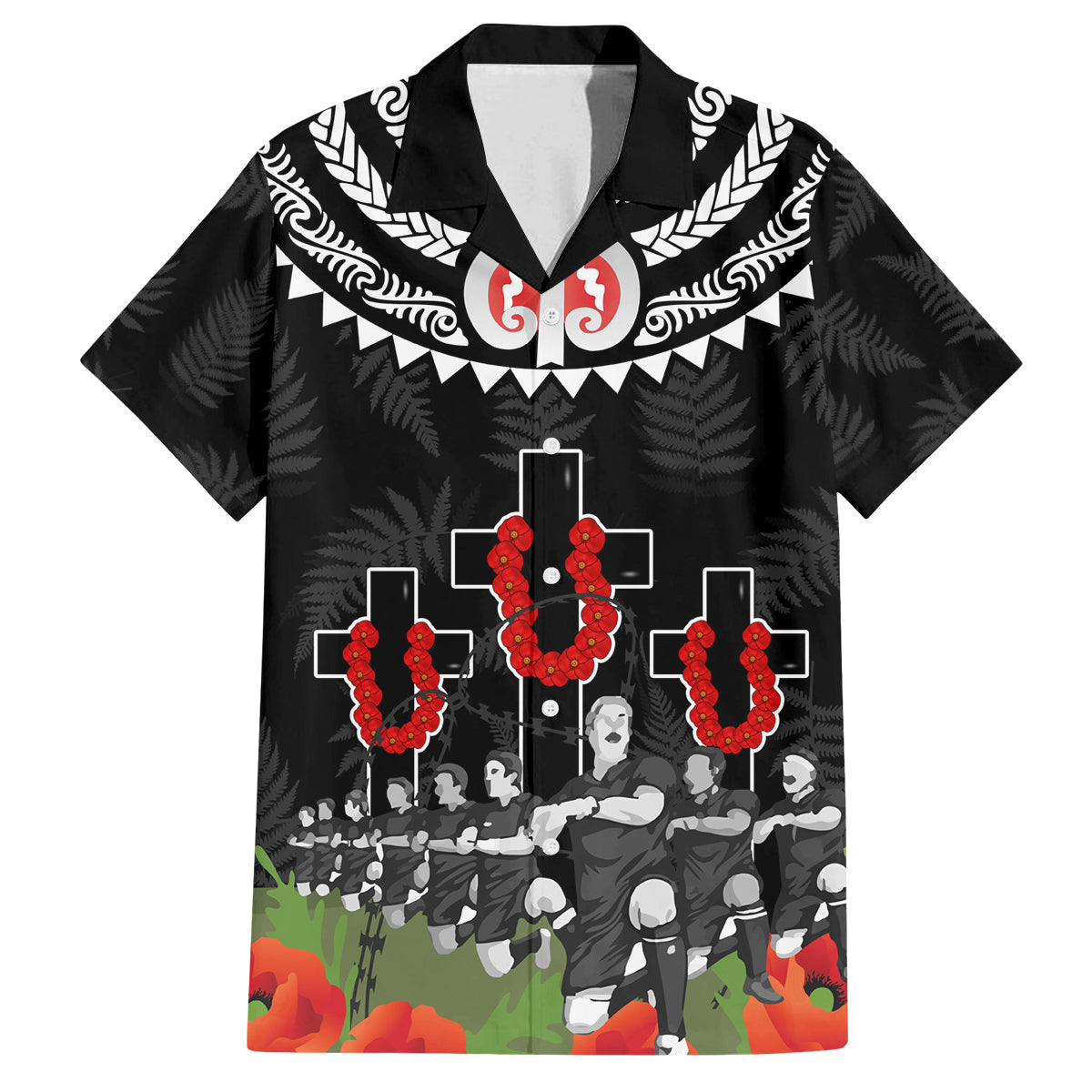 New Zealand ANZAC Day Family Matching Off Shoulder Maxi Dress and Hawaiian Shirt Lest We Forget Haka Dance Respect LT03 Dad's Shirt - Short Sleeve Black - Polynesian Pride