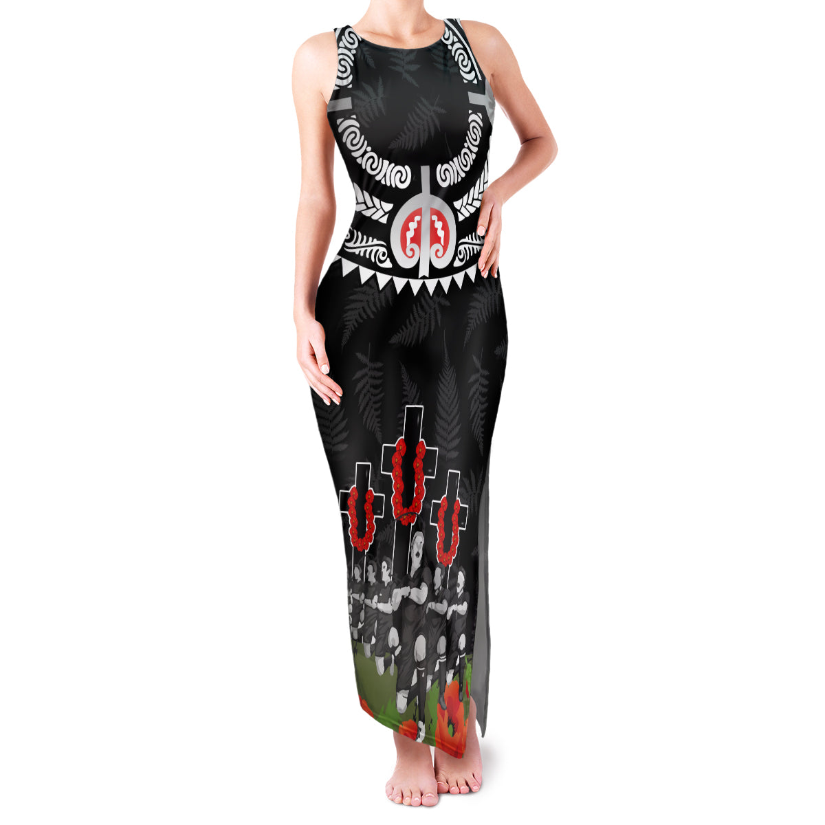 New Zealand ANZAC Day Family Matching Tank Maxi Dress and Hawaiian Shirt Lest We Forget Haka Dance Respect LT03 Mom's Dress Black - Polynesian Pride