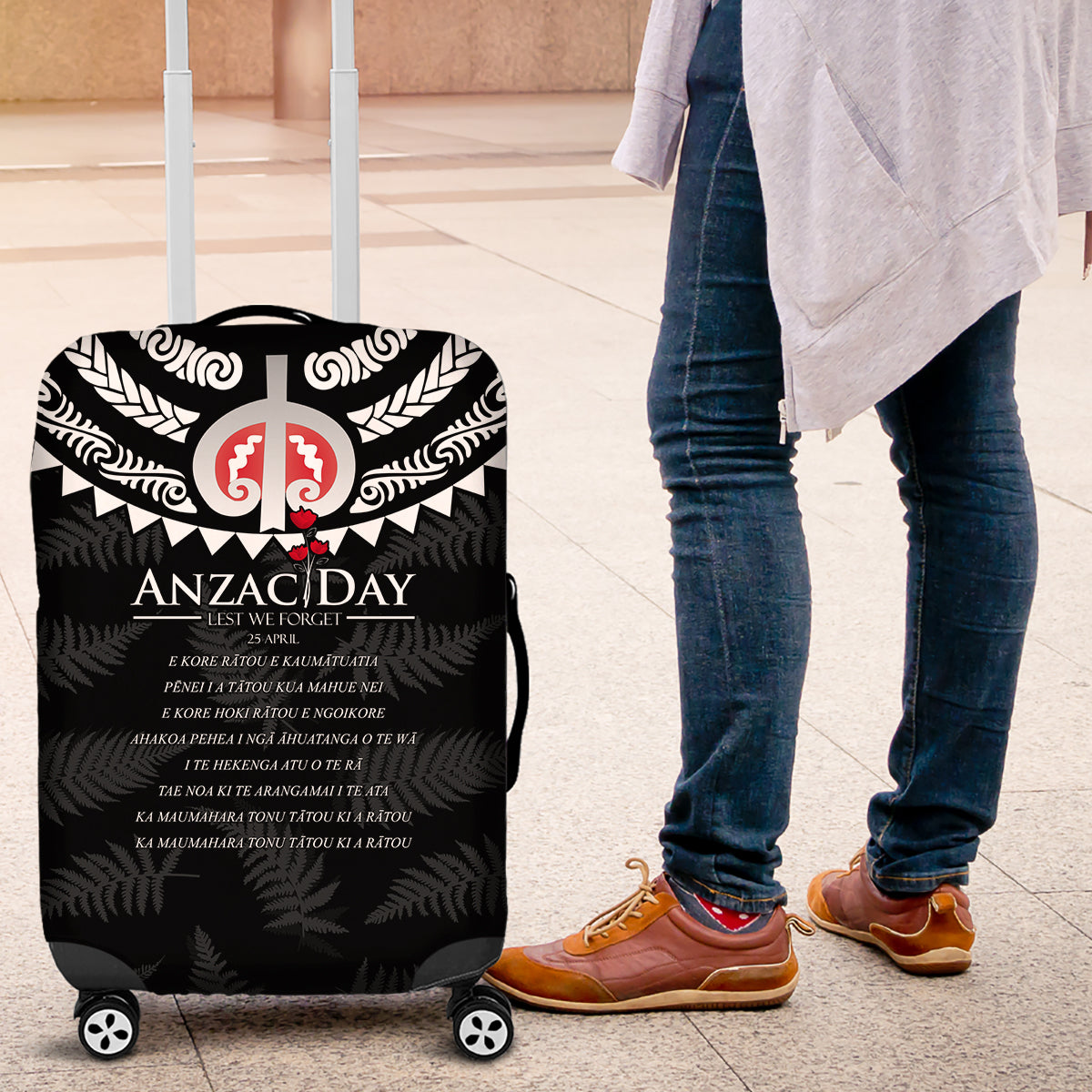 New Zealand ANZAC Day Luggage Cover Lest We Forget Haka Dance Respect LT03 Black - Polynesian Pride