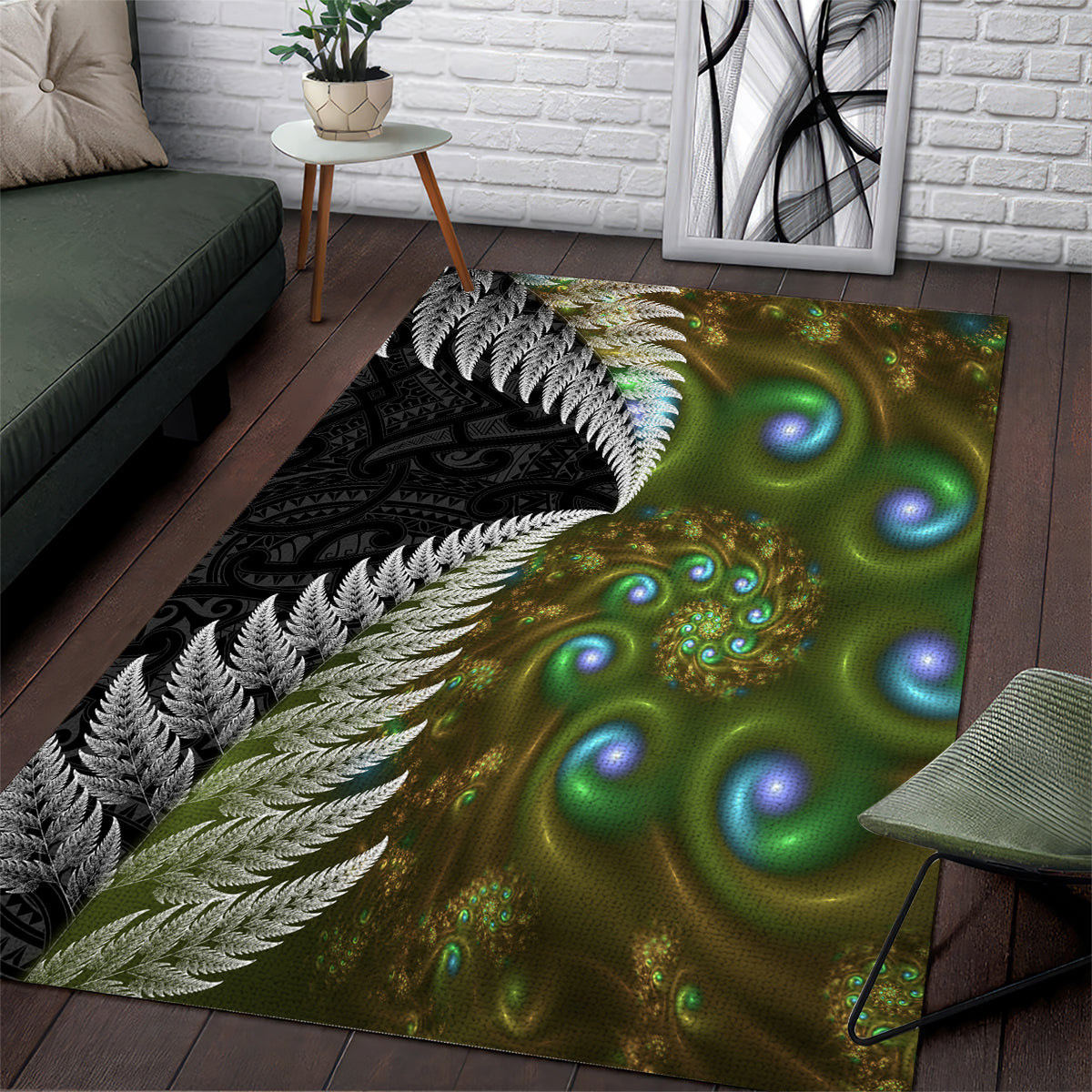 New Zealand Area Rug Koru Abstract Art and Silver Fern Maori Pattern LT03 Green - Polynesian Pride