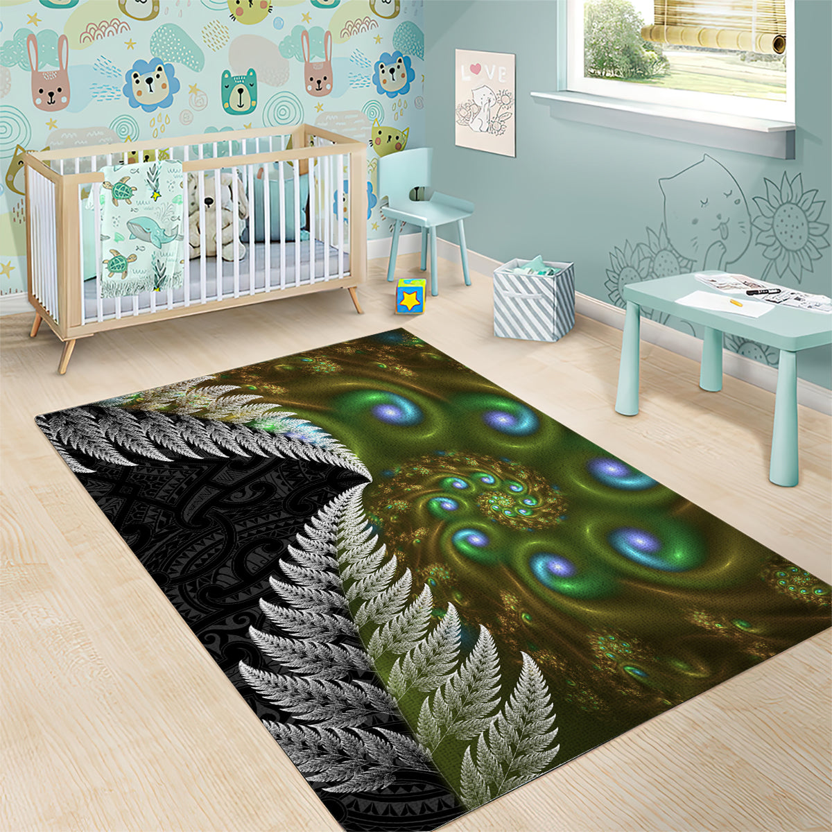 New Zealand Area Rug Koru Abstract Art and Silver Fern Maori Pattern LT03 - Polynesian Pride