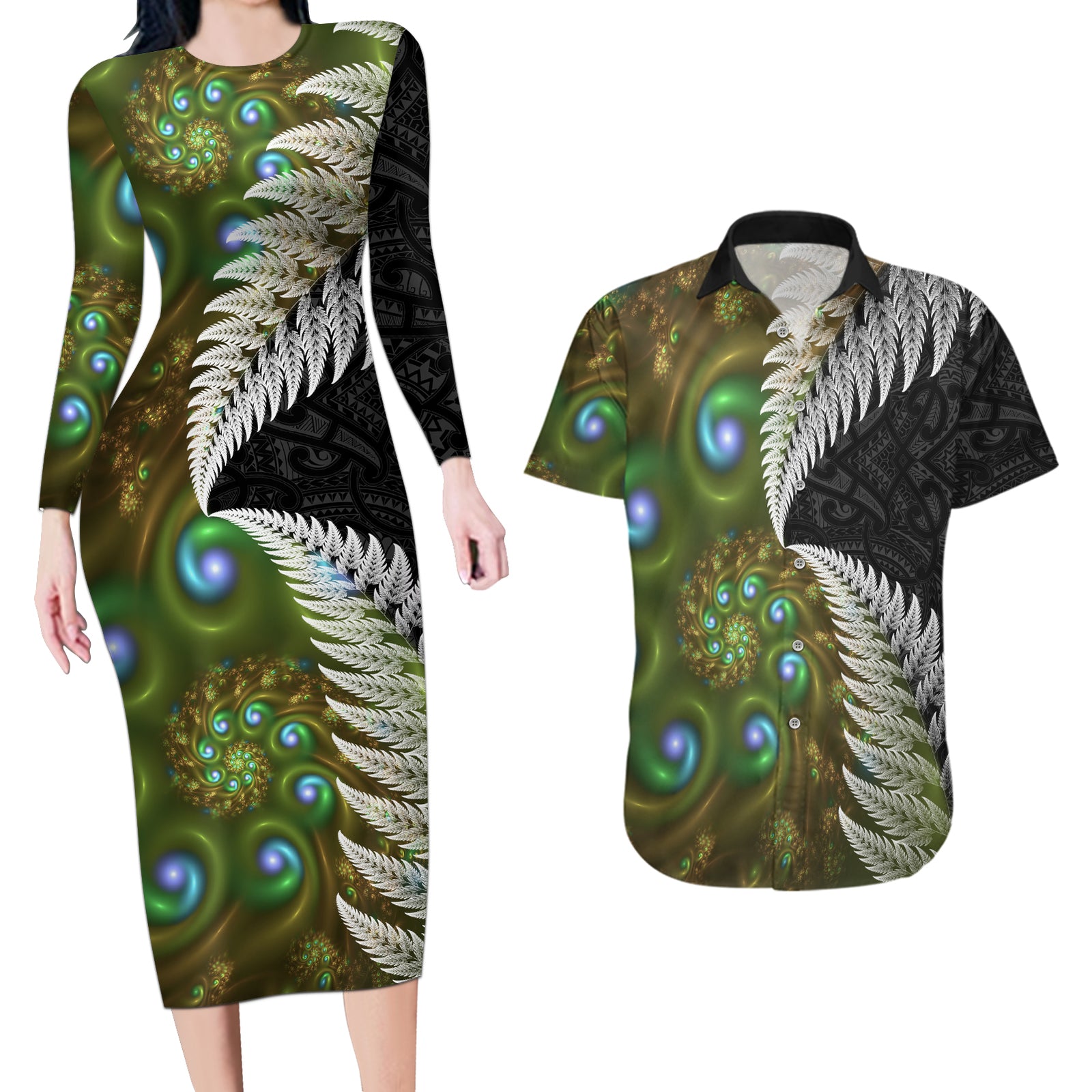 New Zealand Couples Matching Long Sleeve Bodycon Dress and Hawaiian Shirt Koru Abstract Art and Silver Fern Maori Pattern LT03 Green - Polynesian Pride