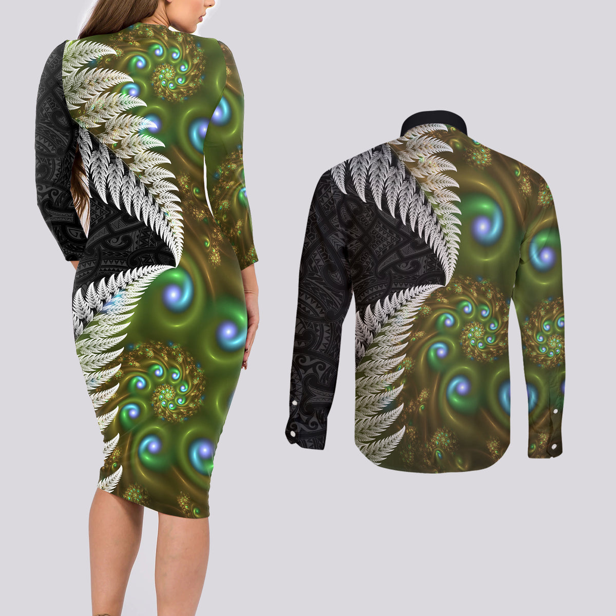 New Zealand Couples Matching Long Sleeve Bodycon Dress and Long Sleeve Button Shirt Koru Abstract Art and Silver Fern Maori Pattern LT03 - Polynesian Pride