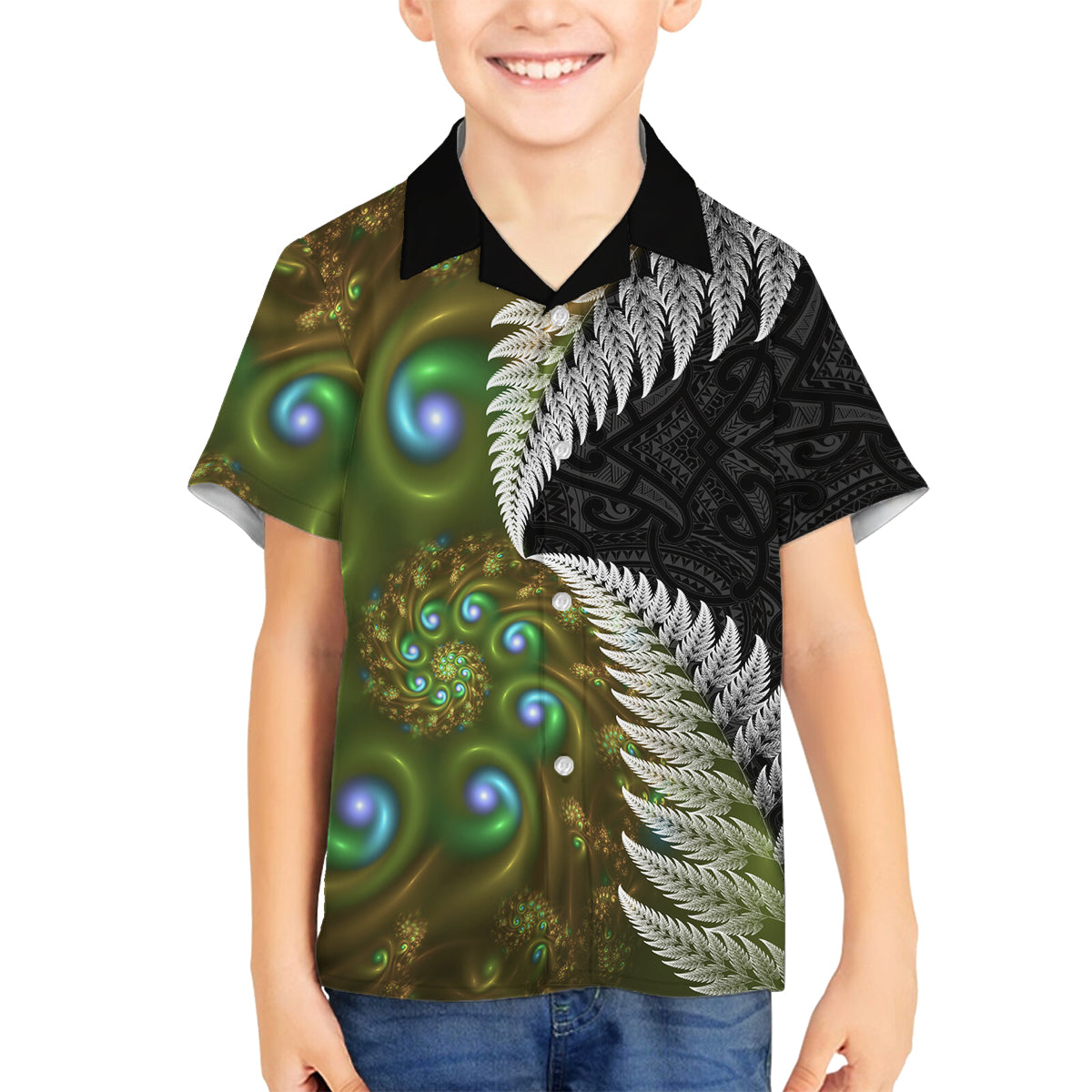 New Zealand Family Matching Puletasi and Hawaiian Shirt Koru Abstract Art and Silver Fern Maori Pattern LT03 Son's Shirt Green - Polynesian Pride