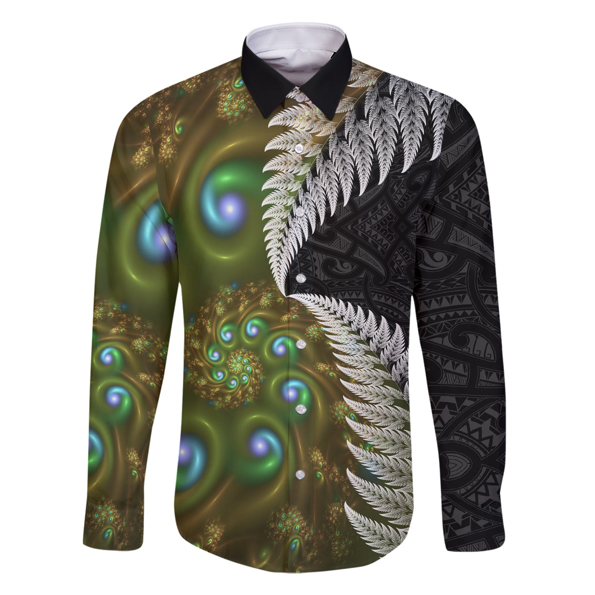 New Zealand Family Matching Tank Maxi Dress and Hawaiian Shirt Koru Abstract Art and Silver Fern Maori Pattern LT03 Dad's Shirt - Long Sleeve Green - Polynesian Pride