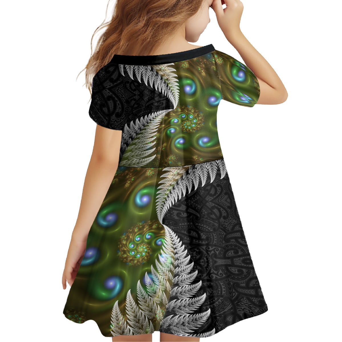 New Zealand Kid Short Sleeve Dress Koru Abstract Art and Silver Fern Maori Pattern LT03 - Polynesian Pride