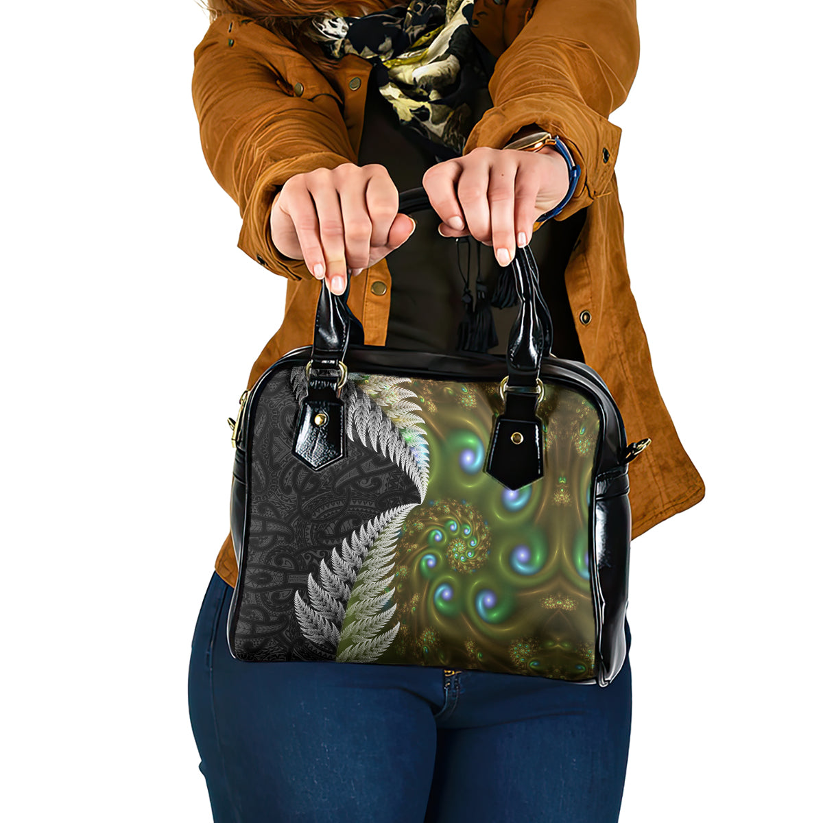 New Zealand Shoulder Handbag Koru Abstract Art and Silver Fern Maori Pattern LT03 One Size Green - Polynesian Pride
