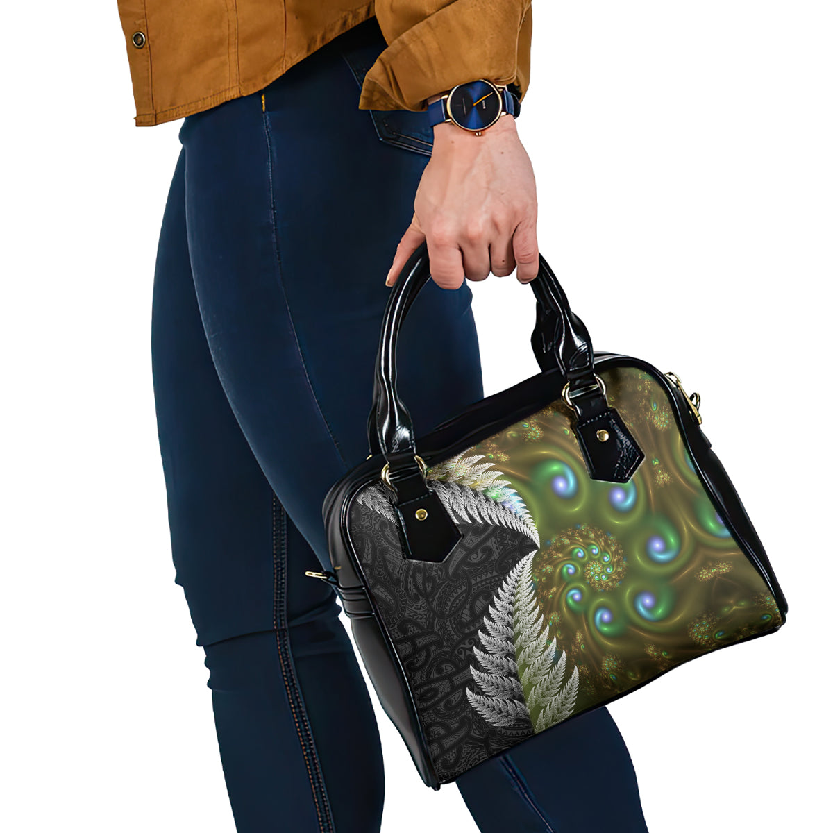 New Zealand Shoulder Handbag Koru Abstract Art and Silver Fern Maori Pattern LT03 - Polynesian Pride