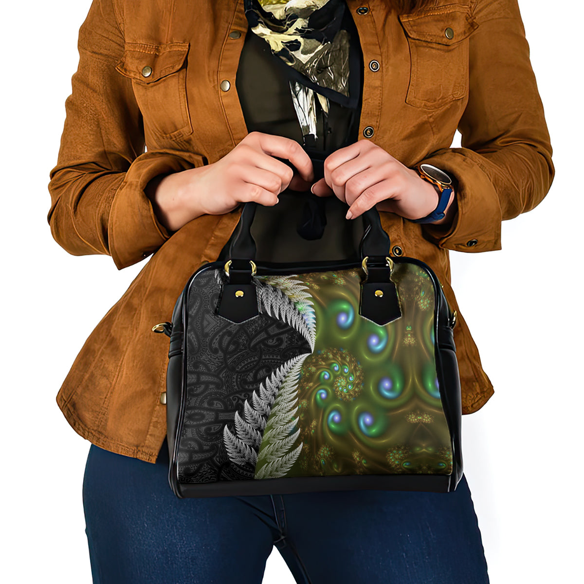 New Zealand Shoulder Handbag Koru Abstract Art and Silver Fern Maori Pattern LT03 - Polynesian Pride