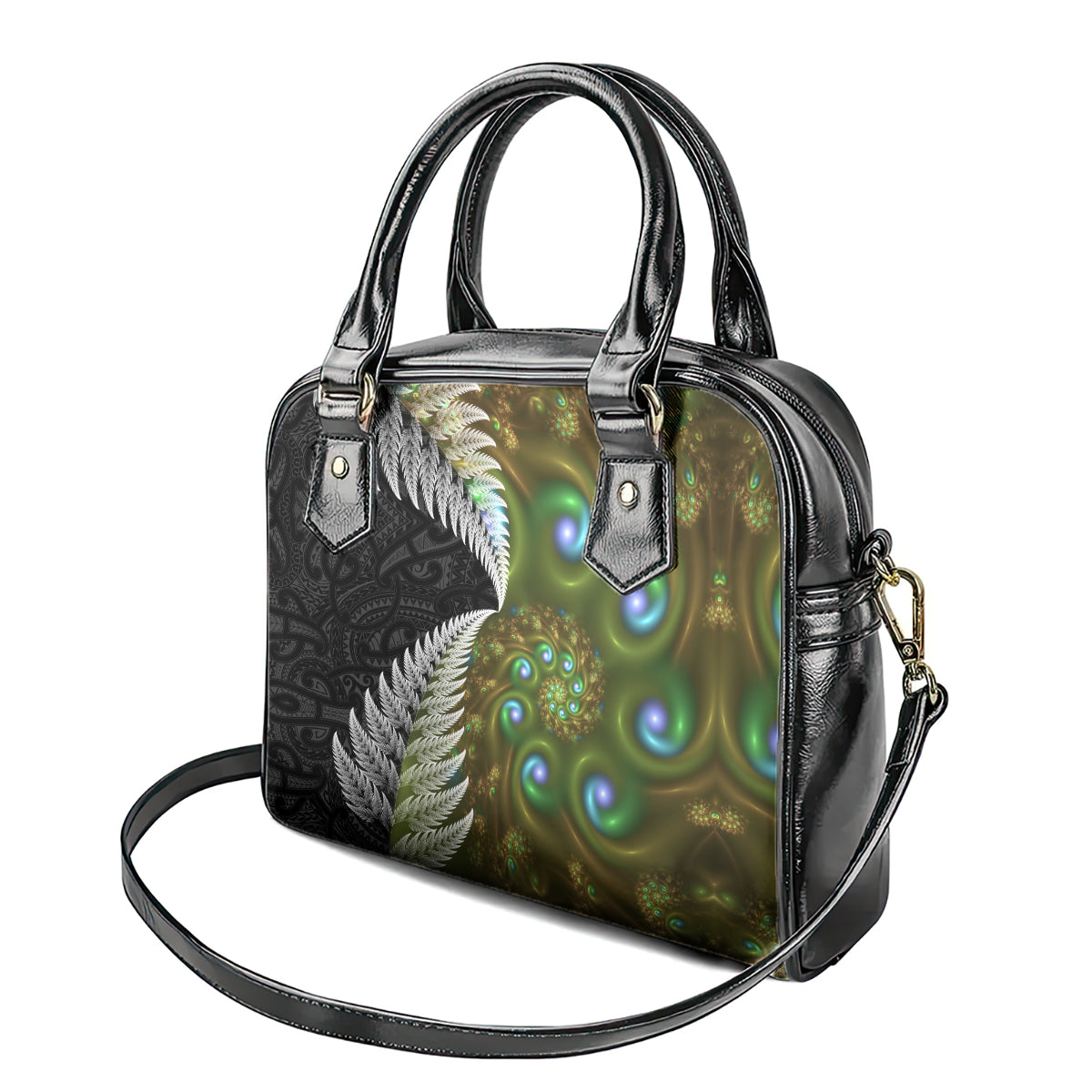 New Zealand Shoulder Handbag Koru Abstract Art and Silver Fern Maori Pattern LT03 - Polynesian Pride