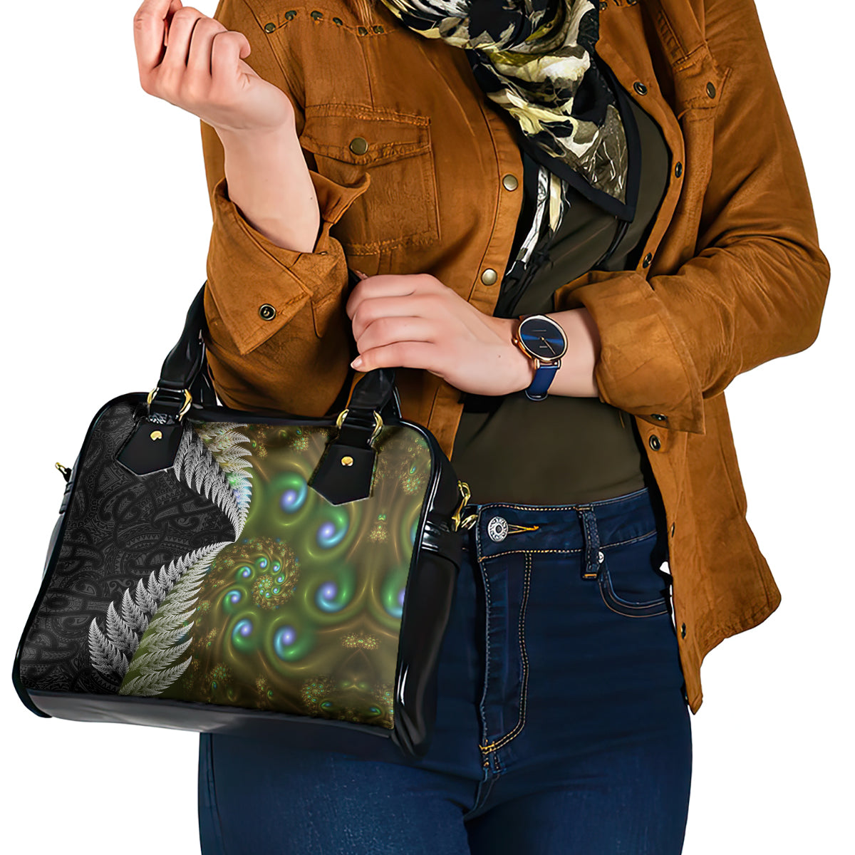 New Zealand Shoulder Handbag Koru Abstract Art and Silver Fern Maori Pattern LT03 - Polynesian Pride