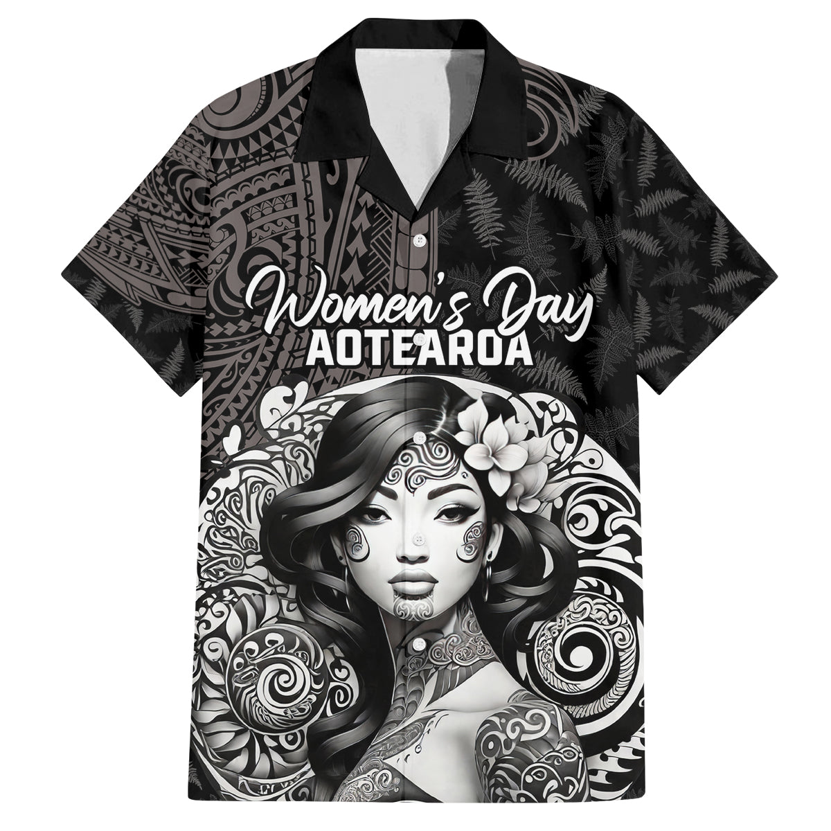 Custom New Zealand Women's Day Family Matching Off Shoulder Long Sleeve Dress and Hawaiian Shirt Maori Tribal Girl and Silver Fern Pattern LT03 Dad's Shirt - Short Sleeve Black - Polynesian Pride