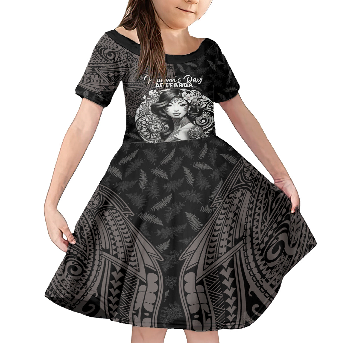 Custom New Zealand Women's Day Family Matching Off Shoulder Maxi Dress and Hawaiian Shirt Maori Tribal Girl and Silver Fern Pattern LT03 Daughter's Dress Black - Polynesian Pride