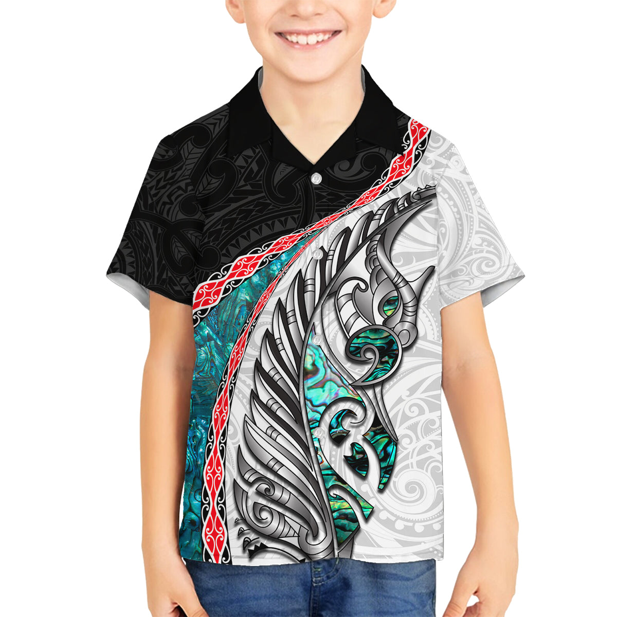 New Zealand Family Matching Off Shoulder Maxi Dress and Hawaiian Shirt Manaia Fern and Koru Maori Pattern LT03 Son's Shirt Black - Polynesian Pride