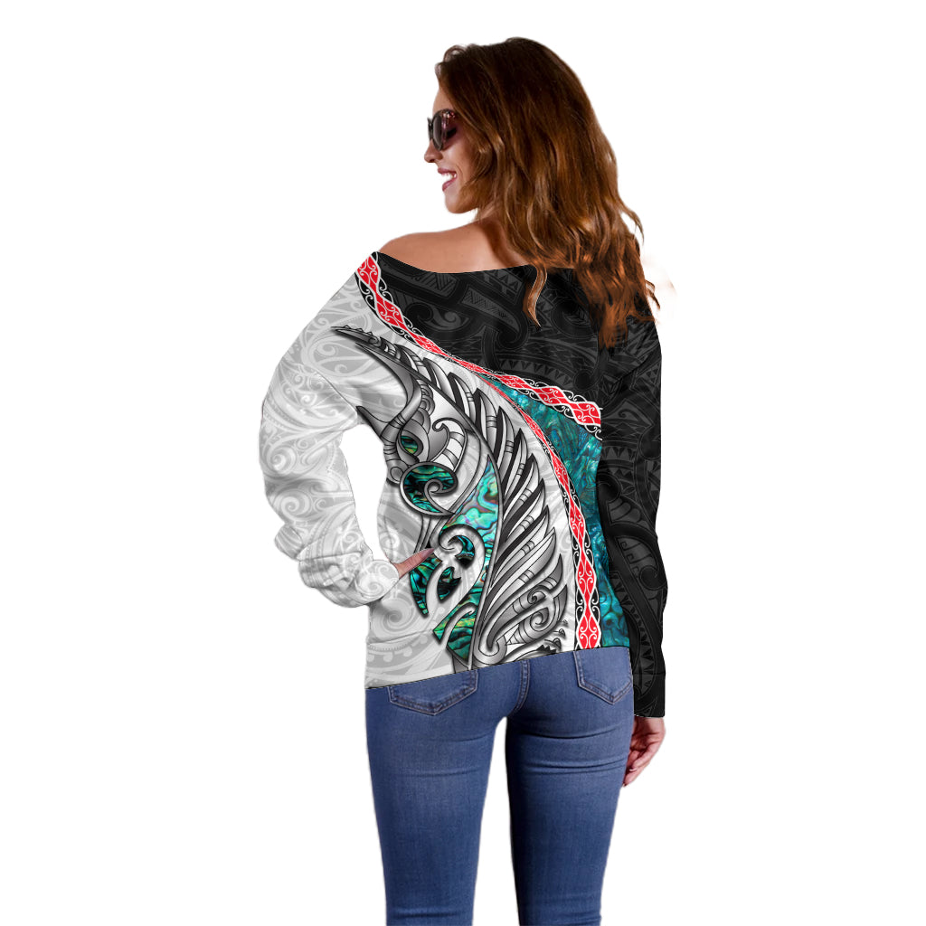New Zealand Off Shoulder Sweater Manaia Fern and Koru Maori Pattern LT03 - Polynesian Pride