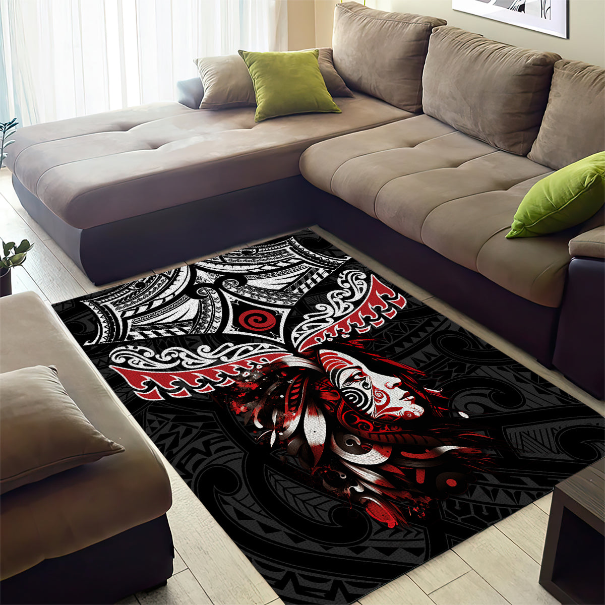 New Zealand Maori Girl Area Rug Silver Fern and Koru Pattern