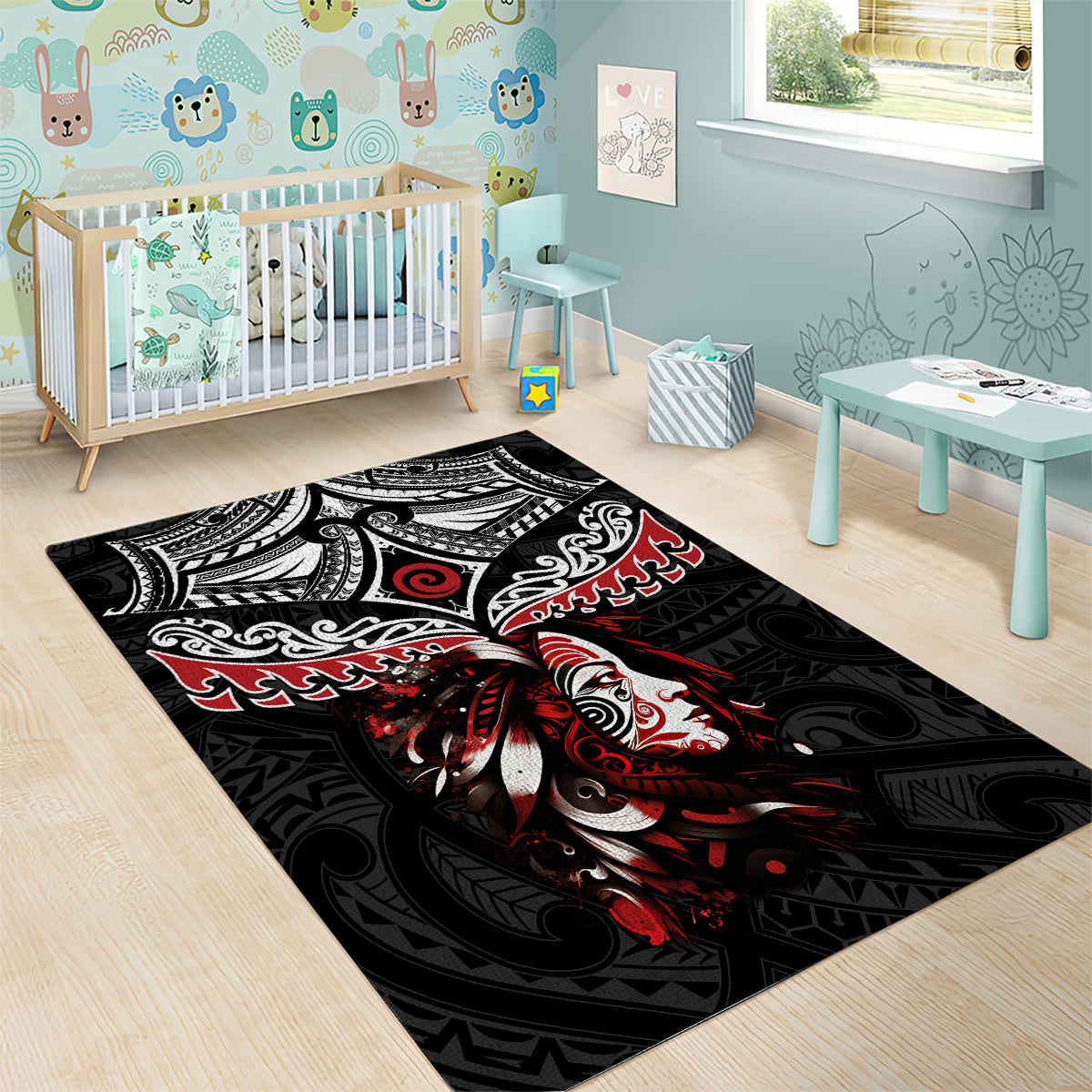 New Zealand Maori Girl Area Rug Silver Fern and Koru Pattern