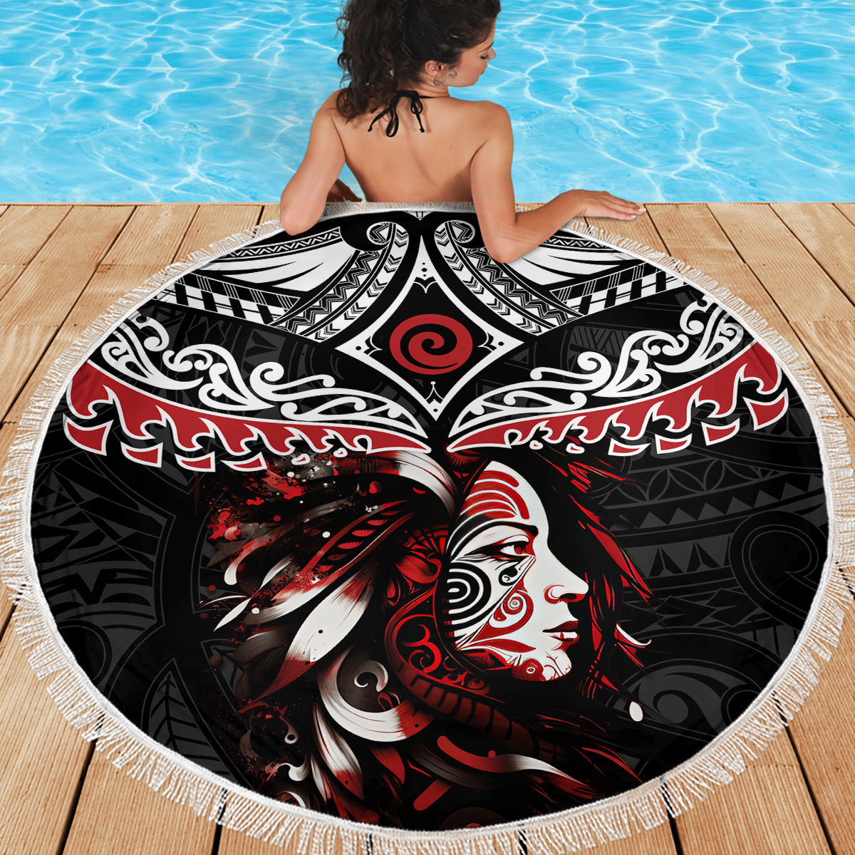 New Zealand Maori Girl Beach Blanket Silver Fern and Koru Pattern LT03 - Polynesian Pride
