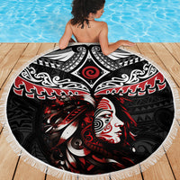New Zealand Maori Girl Beach Blanket Silver Fern and Koru Pattern LT03 - Polynesian Pride