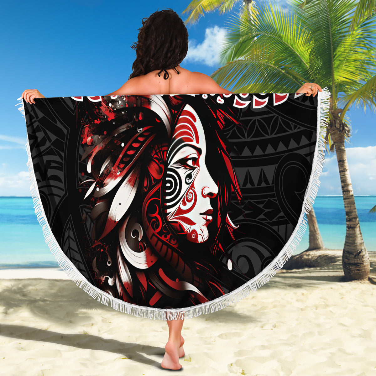 New Zealand Maori Girl Beach Blanket Silver Fern and Koru Pattern LT03 - Polynesian Pride