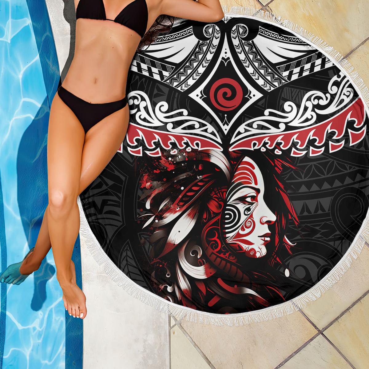 New Zealand Maori Girl Beach Blanket Silver Fern and Koru Pattern LT03 - Polynesian Pride