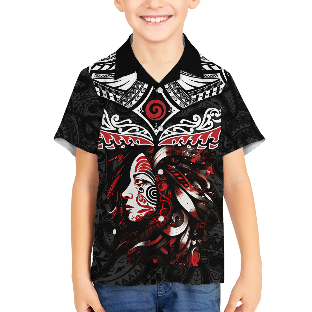 New Zealand Maori Girl Family Matching Off Shoulder Long Sleeve Dress and Hawaiian Shirt Silver Fern and Koru Pattern LT03 Son's Shirt Black - Polynesian Pride