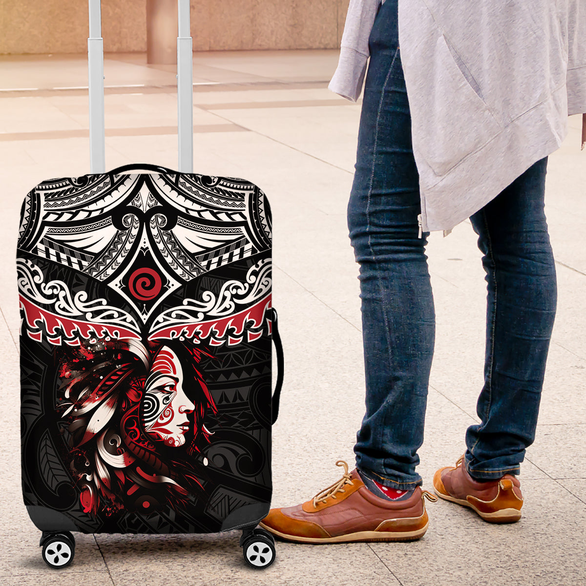 New Zealand Maori Girl Luggage Cover Silver Fern and Koru Pattern