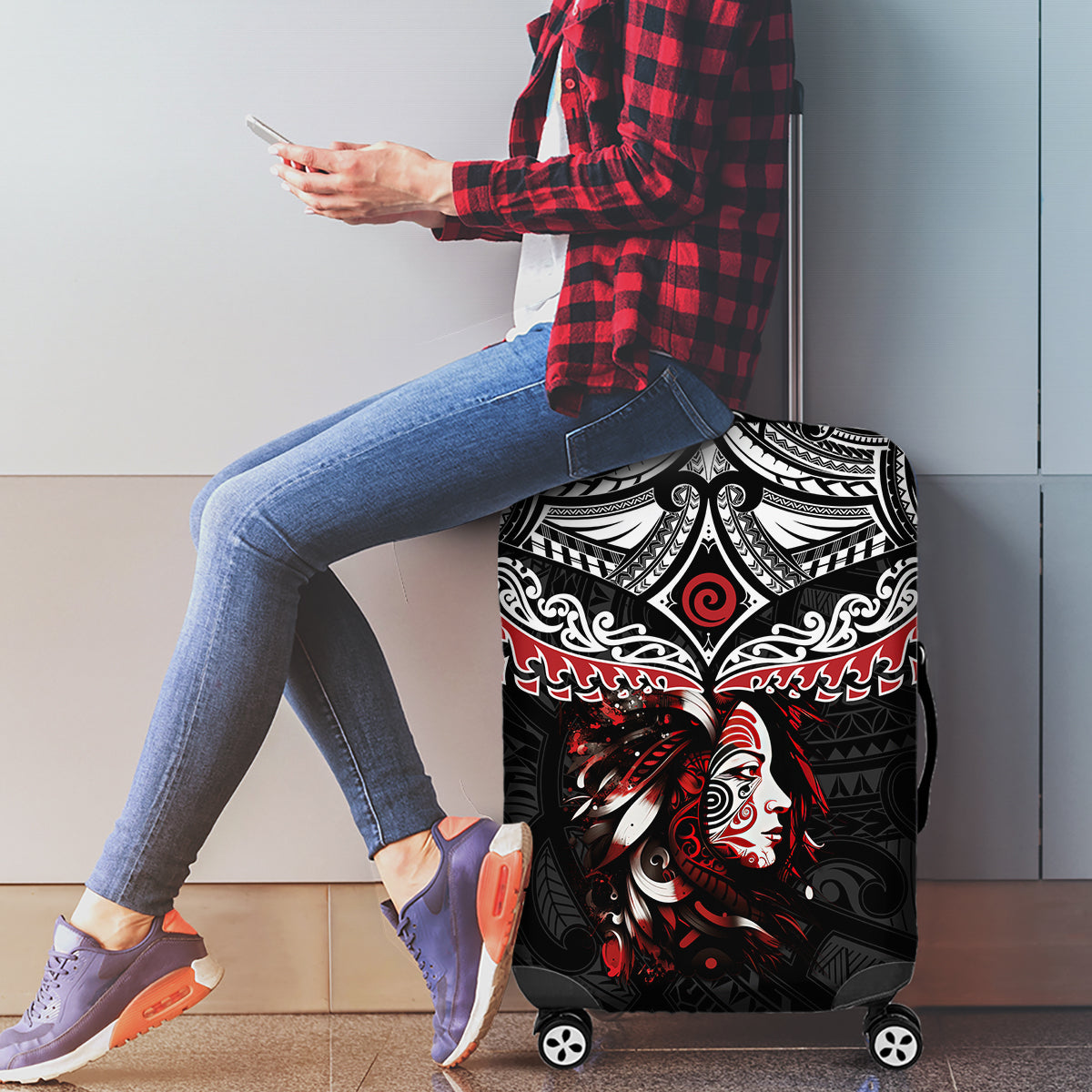 New Zealand Maori Girl Luggage Cover Silver Fern and Koru Pattern