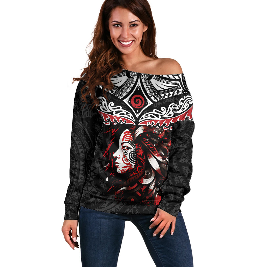 New Zealand Maori Girl Off Shoulder Sweater Silver Fern and Koru Pattern LT03 Women Black - Polynesian Pride