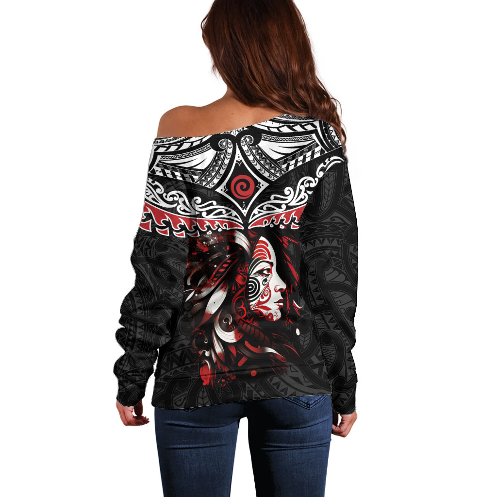 New Zealand Maori Girl Off Shoulder Sweater Silver Fern and Koru Pattern LT03 - Polynesian Pride