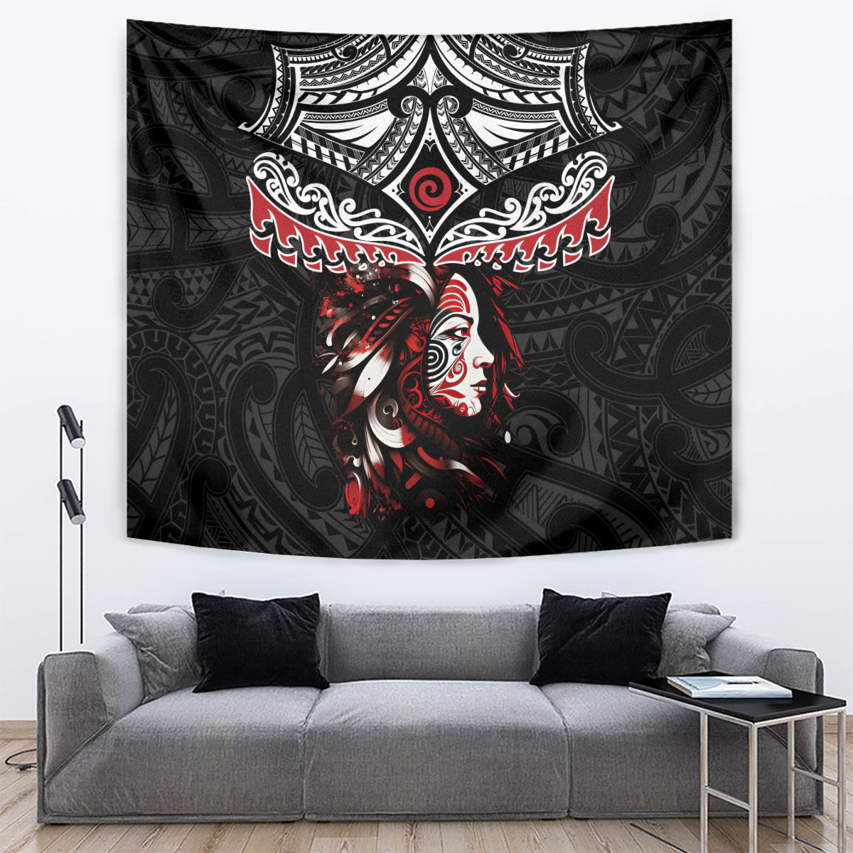 New Zealand Maori Girl Tapestry Silver Fern and Koru Pattern LT03 Black - Polynesian Pride
