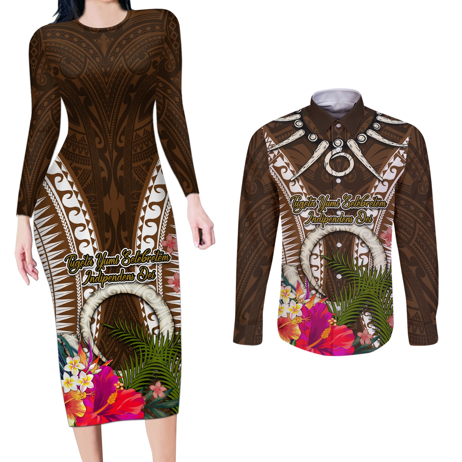 Vanuatu Selebretem 44th Indipendens Dei Couples Matching Long Sleeve Bodycon Dress and Long Sleeve Button Shirt Yumi Pig Tusk and Namele Fern