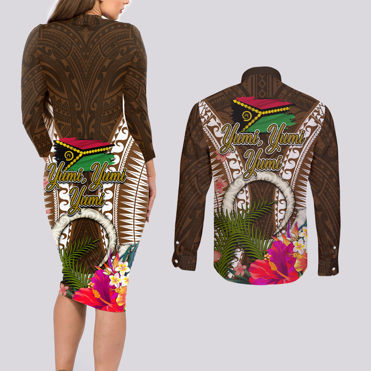 Vanuatu Selebretem 44th Indipendens Dei Couples Matching Long Sleeve Bodycon Dress and Long Sleeve Button Shirt Yumi Pig Tusk and Namele Fern