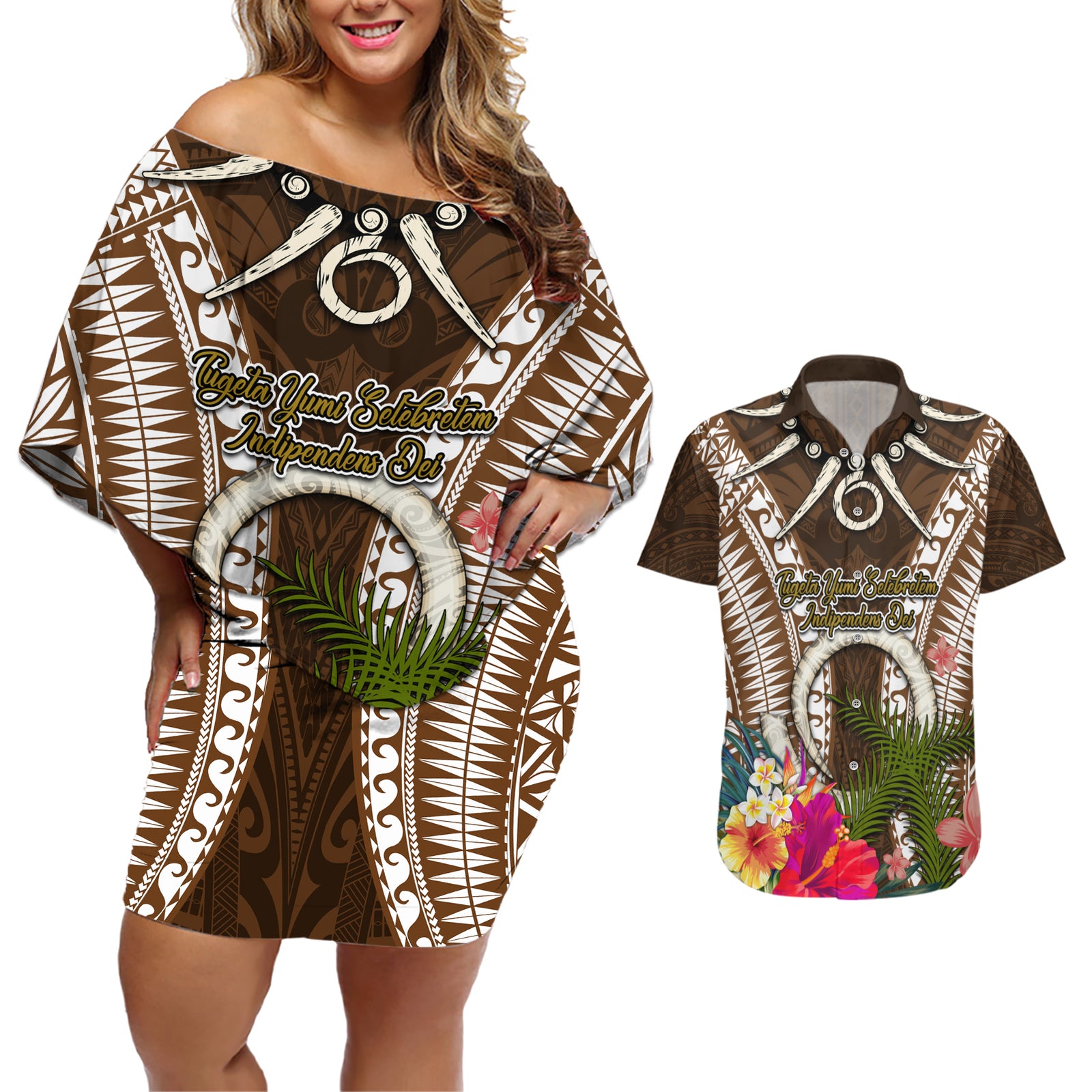 Vanuatu Selebretem 44th Indipendens Dei Couples Matching Off Shoulder Short Dress and Hawaiian Shirt Yumi Pig Tusk and Namele Fern