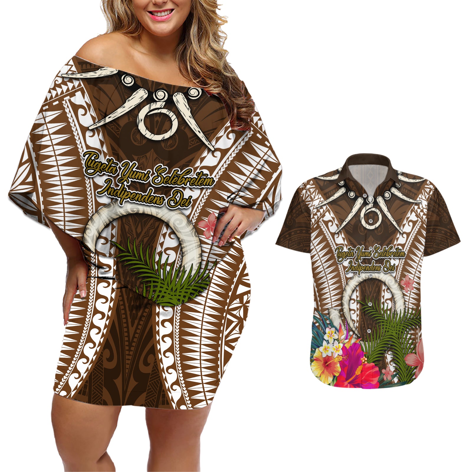 Vanuatu Selebretem 44th Indipendens Dei Couples Matching Off Shoulder Short Dress and Hawaiian Shirt Yumi Pig Tusk and Namele Fern