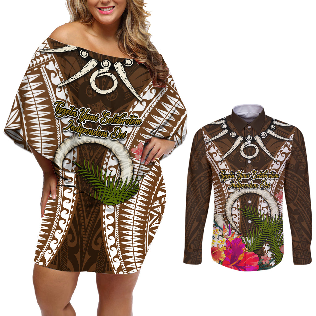 Vanuatu Selebretem 44th Indipendens Dei Couples Matching Off Shoulder Short Dress and Long Sleeve Button Shirt Yumi Pig Tusk and Namele Fern