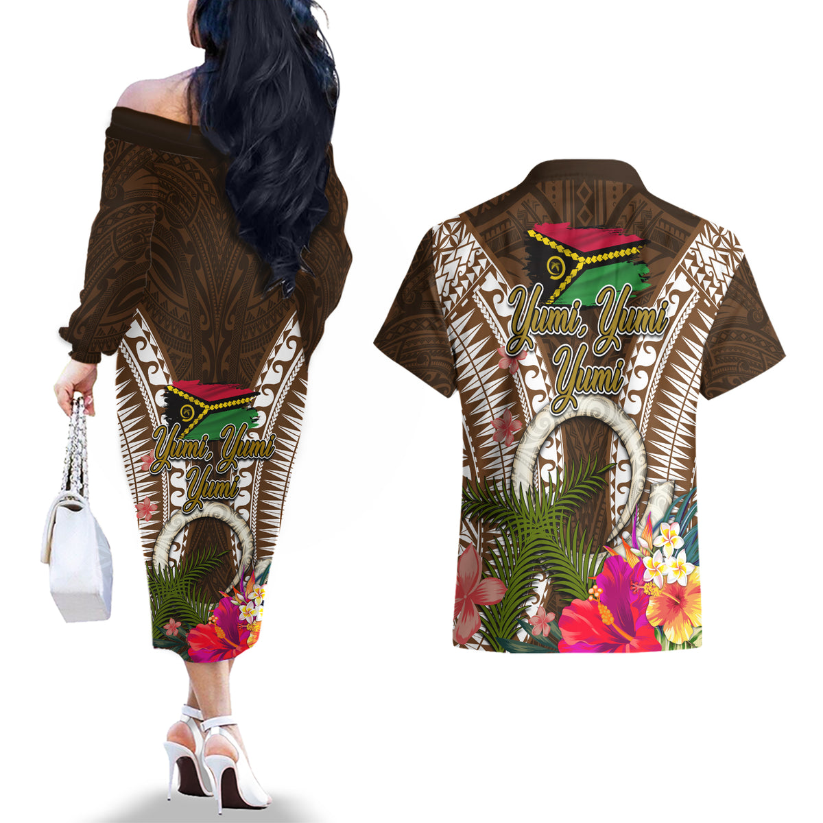 Vanuatu Selebretem 44th Indipendens Dei Couples Matching Off The Shoulder Long Sleeve Dress and Hawaiian Shirt Yumi Pig Tusk and Namele Fern