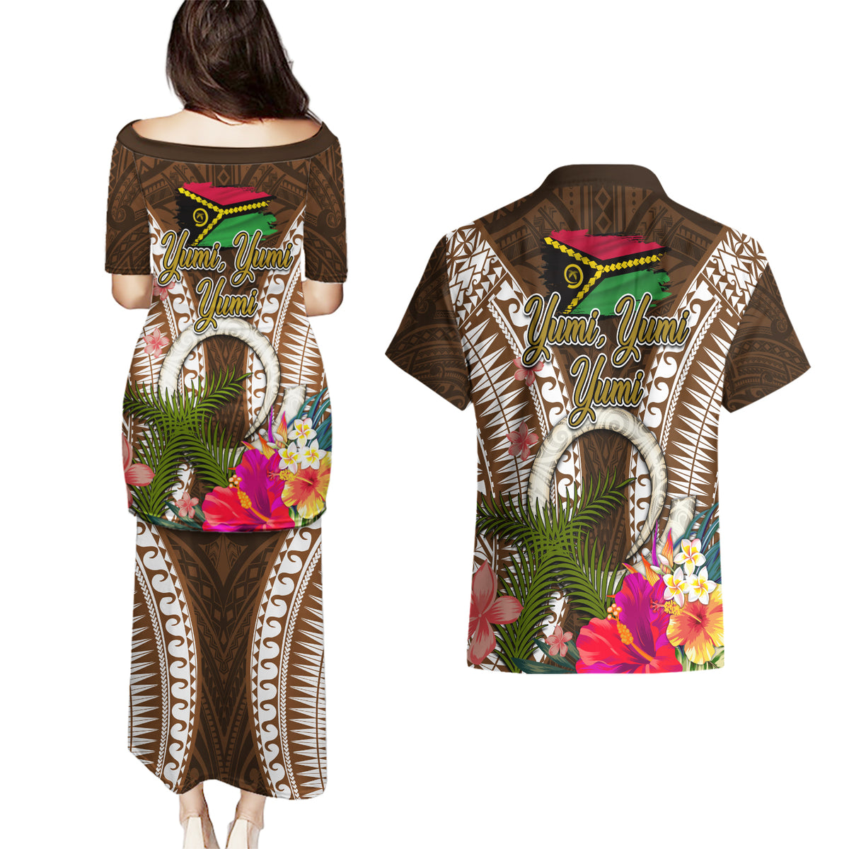 Vanuatu Selebretem 44th Indipendens Dei Couples Matching Puletasi and Hawaiian Shirt Yumi Pig Tusk and Namele Fern