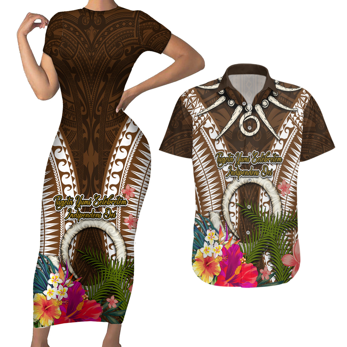 Vanuatu Selebretem 44th Indipendens Dei Couples Matching Short Sleeve Bodycon Dress and Hawaiian Shirt Yumi Pig Tusk and Namele Fern LT03 Brown - Polynesian Pride
