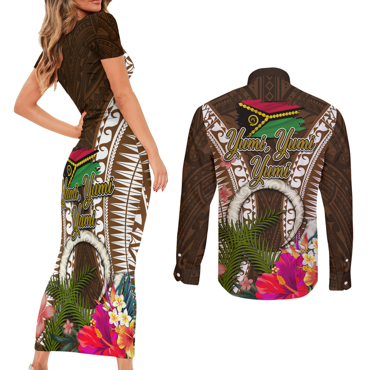Vanuatu Selebretem 44th Indipendens Dei Couples Matching Short Sleeve Bodycon Dress and Long Sleeve Button Shirt Yumi Pig Tusk and Namele Fern
