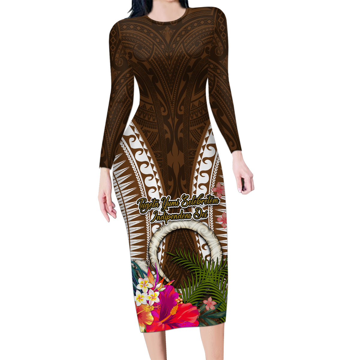 Vanuatu Selebretem 44th Indipendens Dei Family Matching Long Sleeve Bodycon Dress and Hawaiian Shirt Yumi Pig Tusk and Namele Fern