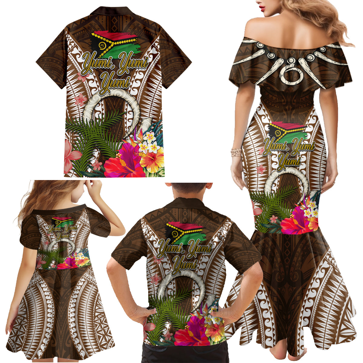 Vanuatu Selebretem 44th Indipendens Dei Family Matching Mermaid Dress and Hawaiian Shirt Yumi Pig Tusk and Namele Fern