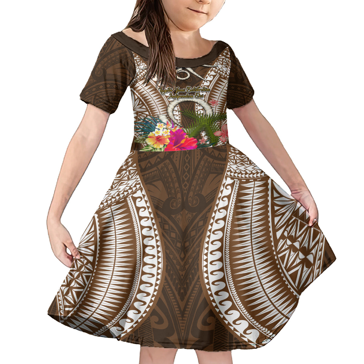 Vanuatu Selebretem 44th Indipendens Dei Family Matching Off The Shoulder Long Sleeve Dress and Hawaiian Shirt Yumi Pig Tusk and Namele Fern LT03 Daughter's Dress Brown - Polynesian Pride