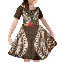 Vanuatu Selebretem 44th Indipendens Dei Family Matching Off The Shoulder Long Sleeve Dress and Hawaiian Shirt Yumi Pig Tusk and Namele Fern LT03 Daughter's Dress Brown - Polynesian Pride
