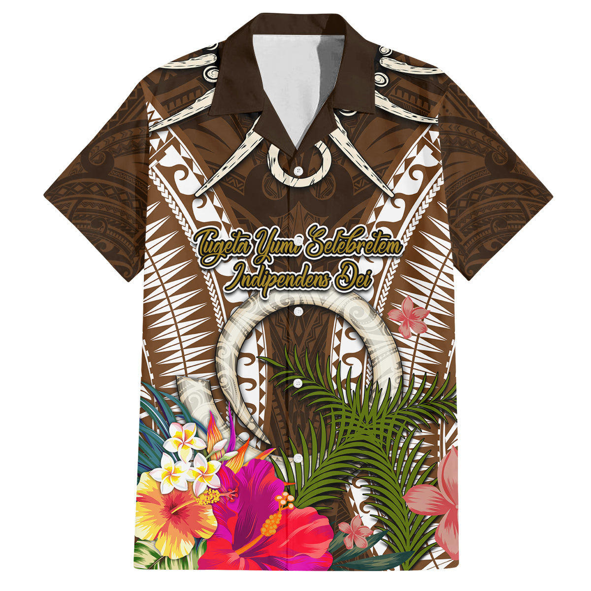 Vanuatu Selebretem 44th Indipendens Dei Family Matching Off The Shoulder Long Sleeve Dress and Hawaiian Shirt Yumi Pig Tusk and Namele Fern LT03 Dad's Shirt - Short Sleeve Brown - Polynesian Pride
