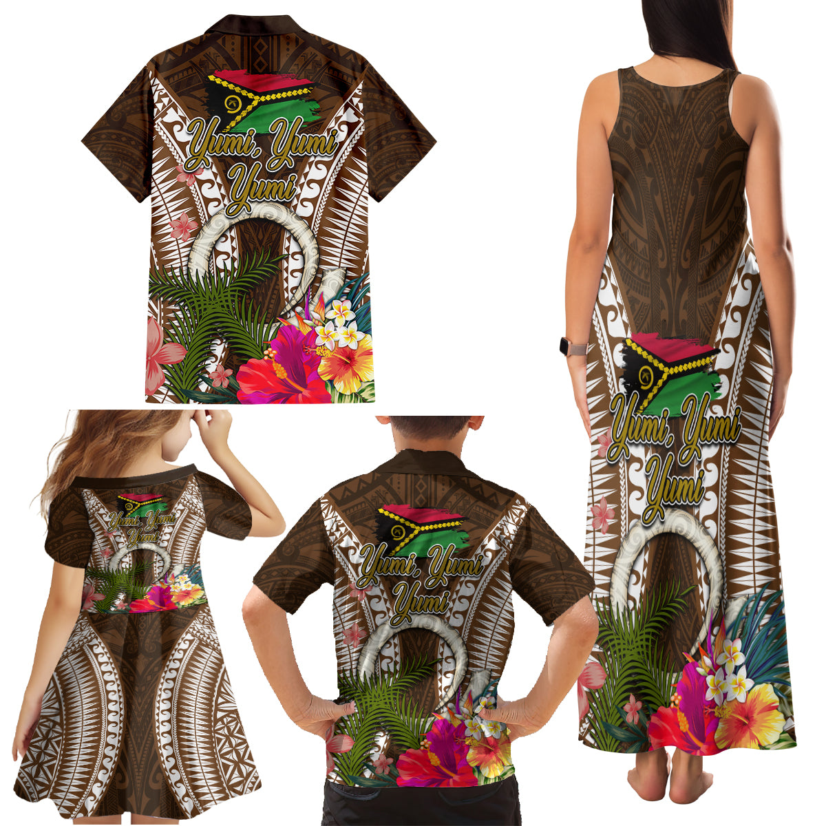 Vanuatu Selebretem 44th Indipendens Dei Family Matching Tank Maxi Dress and Hawaiian Shirt Yumi Pig Tusk and Namele Fern LT03 - Polynesian Pride
