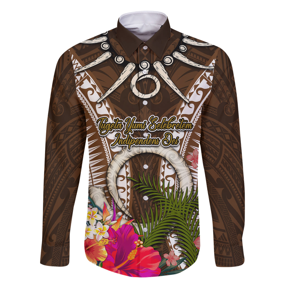Vanuatu Selebretem 44th Indipendens Dei Family Matching Tank Maxi Dress and Hawaiian Shirt Yumi Pig Tusk and Namele Fern LT03 Dad's Shirt - Long Sleeve Brown - Polynesian Pride