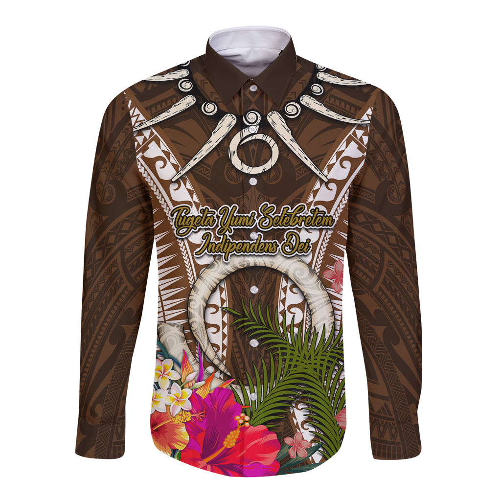 Vanuatu Selebretem 44th Indipendens Dei Long Sleeve Button Shirt Yumi Pig Tusk and Namele Fern