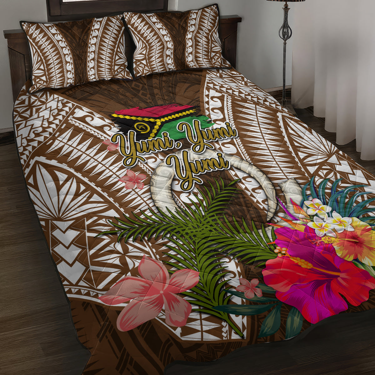 Vanuatu Selebretem 44th Indipendens Dei Quilt Bed Set Yumi Pig Tusk and Namele Fern