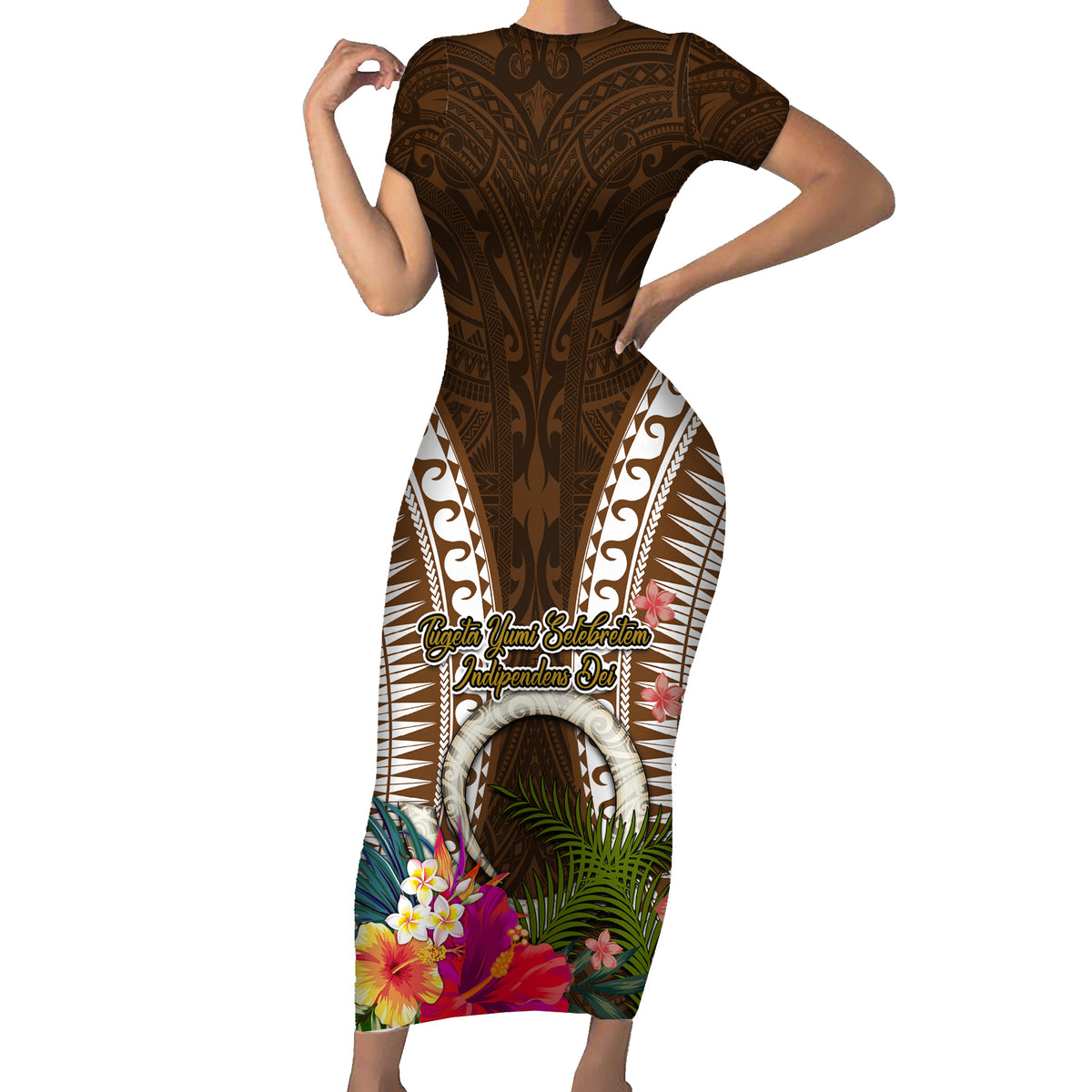 Vanuatu Selebretem 44th Indipendens Dei Short Sleeve Bodycon Dress Yumi Pig Tusk and Namele Fern